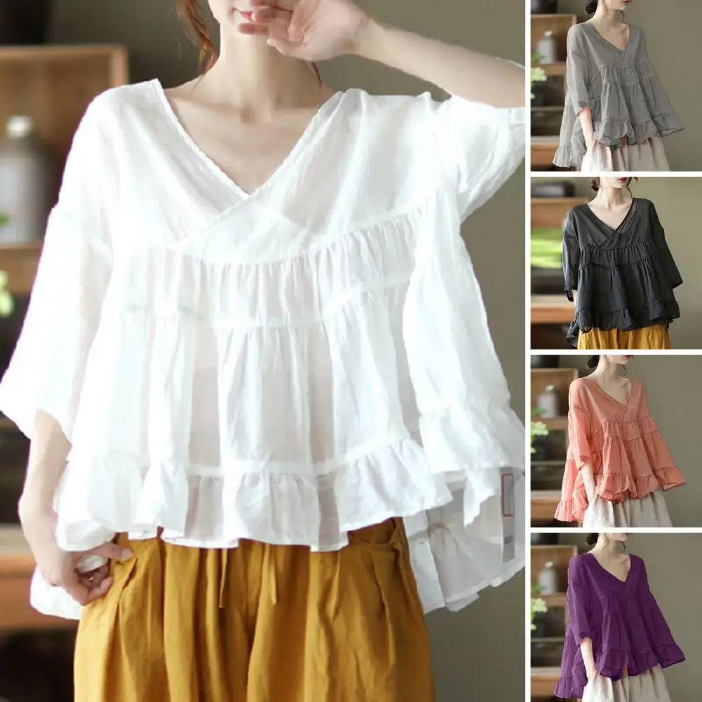 

Women Blouse Summer V-neck 3/4 Sleeve Pullover Tops Ruffle Stitching Loose Hem Aldy Shirt Solid Color Breathable Casual Tops