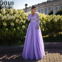 jeheth 2022 lilac lace appliques evening dresses long sleeves v neck a line tulle crystals beading belt prom party dress formal