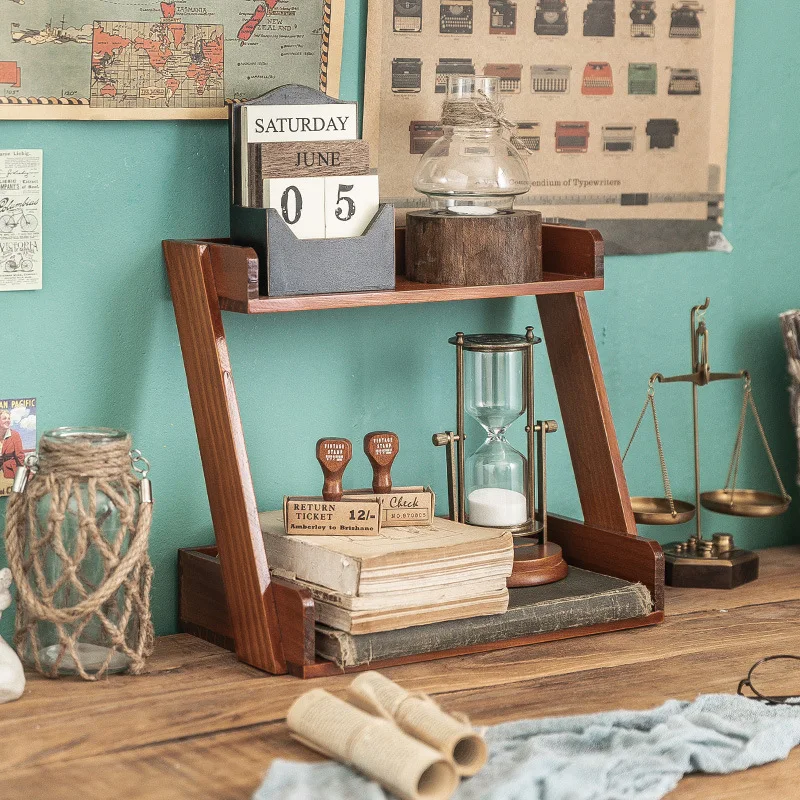 

2-Tier Z-Shaped Vintage Retro Wooden Spice Jar Cup Makeup Storage Holder Desk Organizer