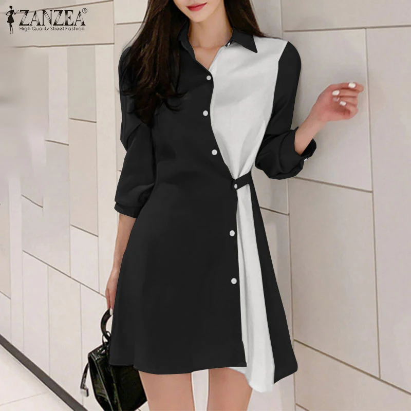 

Женское офисное платье-рубашка с длинным рукавом ZANZEA, офисное мини-платье с отворотом и вырезом на весну, Повседневный Сарафан