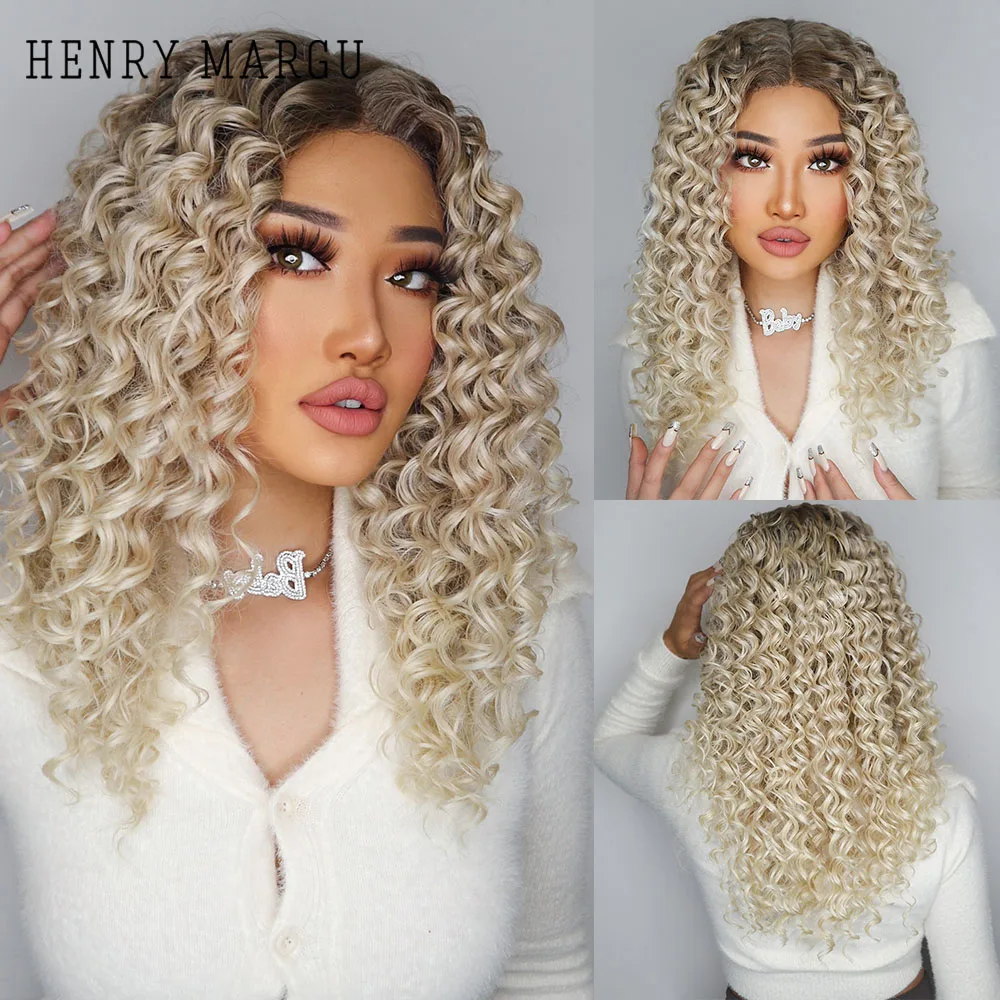 

HENRY MARGU Deep Wavy Lace Front Synthetic Wigs Light Blonde Hair Natural Middle Part Hairs Daily Heat Resistant Wigs for Women