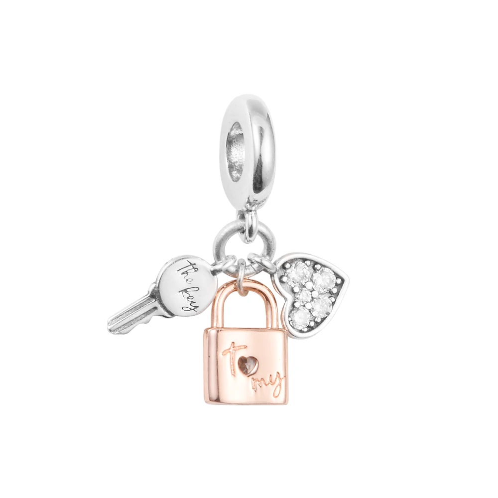 

Fits Pandora Bracelet 925 Sterling Silver Key, Padlock & Heart Triple Dangle Charms Beads for Women Jewelry 2023 New in