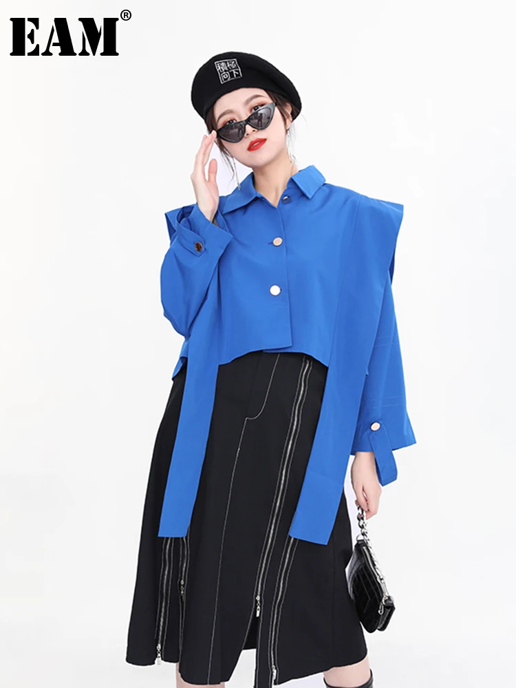 

[EAM] Loose Fit Blue Ribbon Big Size Short Jacket New Lapel Long Sleeve Women Coat Fashion Tide Spring Autumn 2022 JH36005