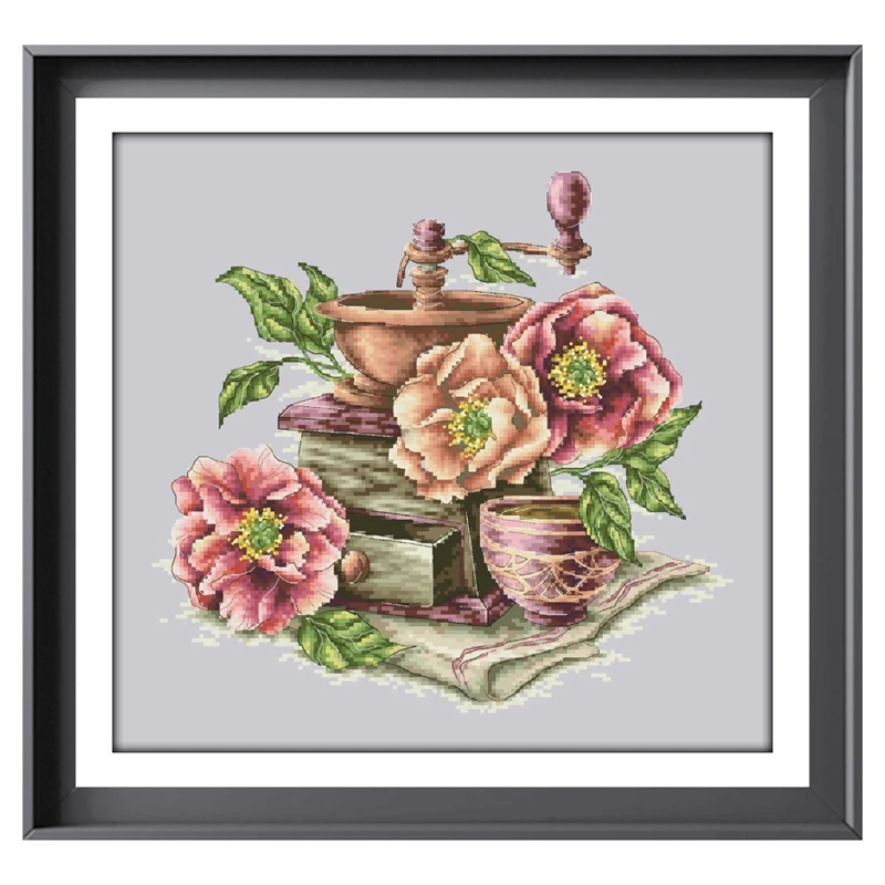 Набор для вышивки крестиком с изображением кофейных цветов и фонариков 18/14/11