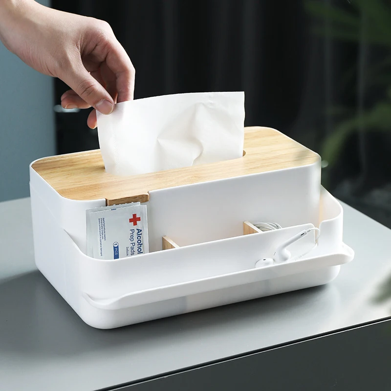 

Tissue Containers with Phone Holder Wood Cover Seat Type Office Remote Control Roll Paper Modern Tissue Canister Cotton Pads Sto
