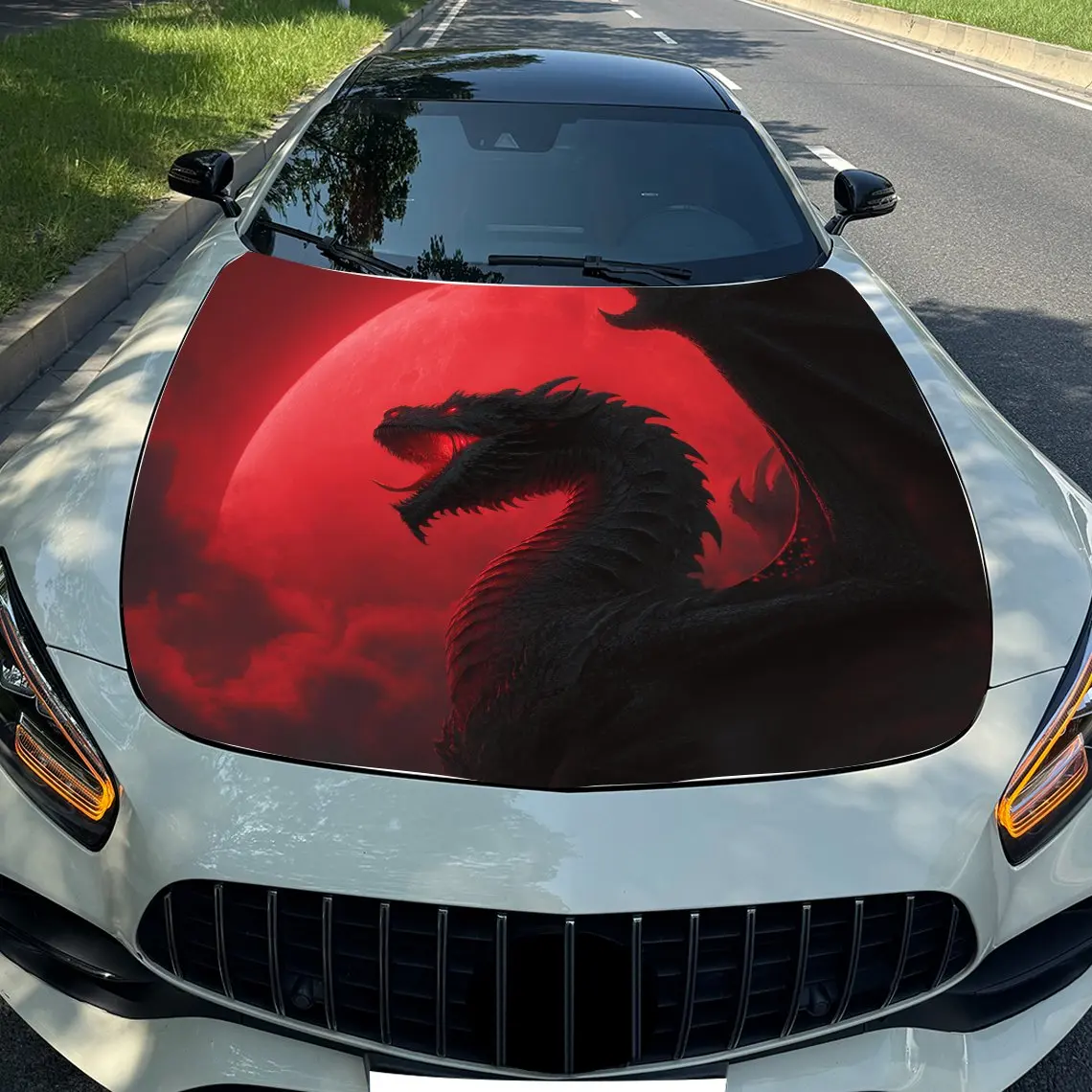 Фото Наклейки на капот автомобиля Red Moon Dragon, крутые узоры, упаковка, пленка для модификации автомобиля, детали, аксессуары, персонализированные декоративные автомобильные St №1