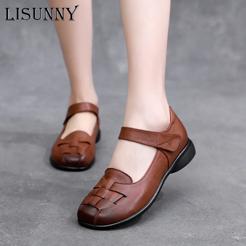 

LISUNNY Flats Women Shoes 2021 New Autumn Retro Round Toe Genuine Leather Weave Hollow Out Casual Ladies Flat Shoes