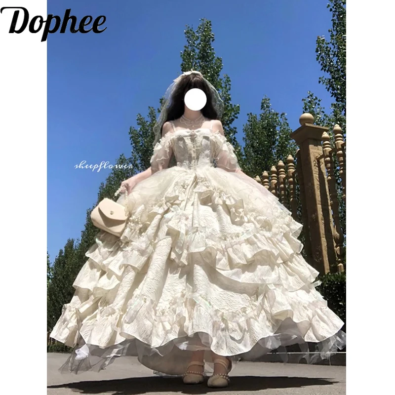 Фото Dophee оригинальное свадебное вечернее платье в стиле Лолиты с цветочным принтом, сексуальное платье принцессы с открытыми плечами, элегантное женское праздничное платье со стразами и бантом №1
