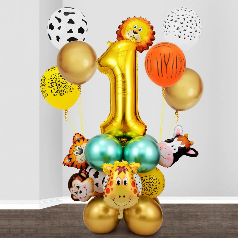 

26pcs Jungle Party Decoration Animal Balloons Set Metal Latex Balloon Gold Number Globos Kids Wild One Birthday Balloons