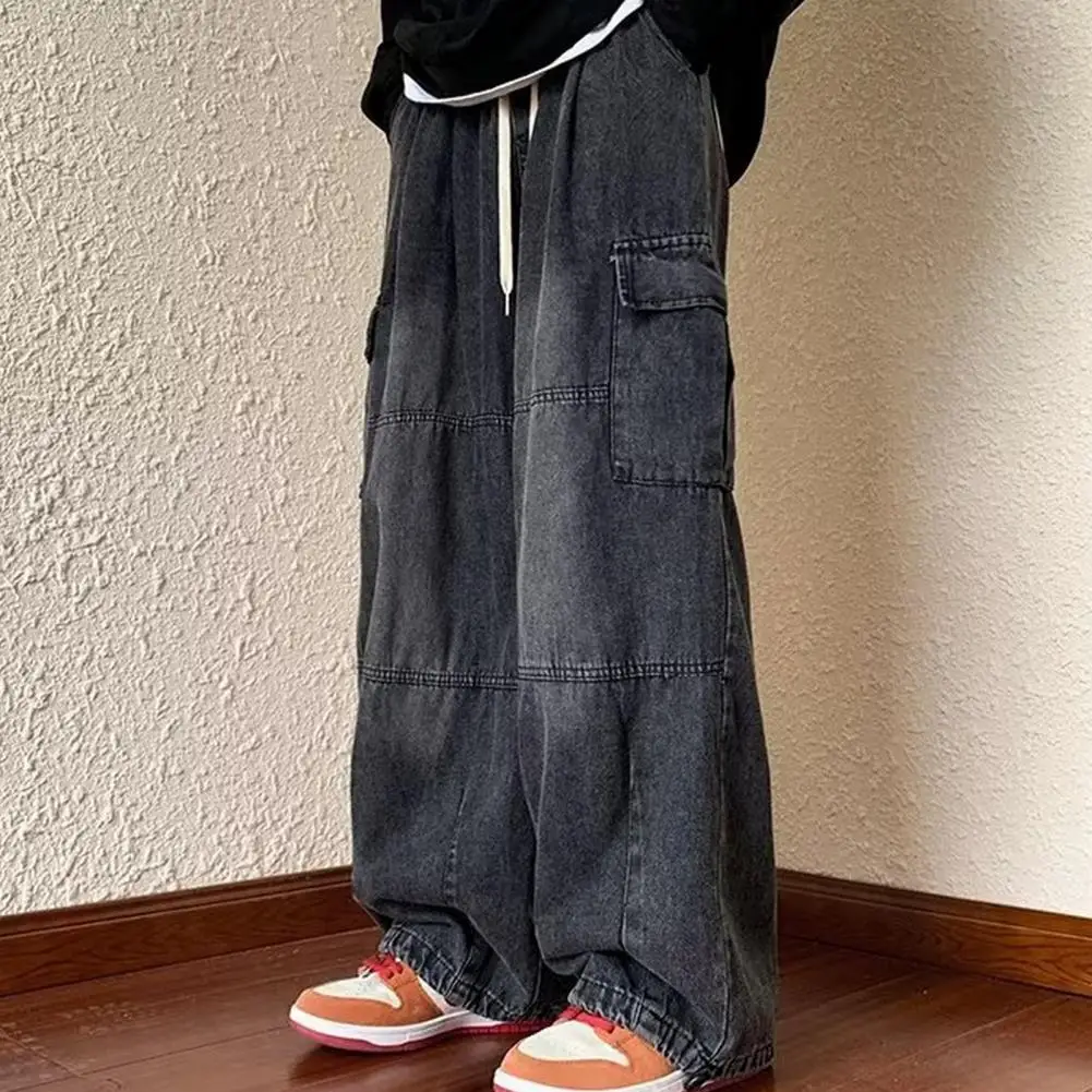 

Loose-fit Jeans Versatile Denim Trousers Stylish Oversized Cargo Pants with Elastic Waist Multiple Pockets Wide Leg Design Men