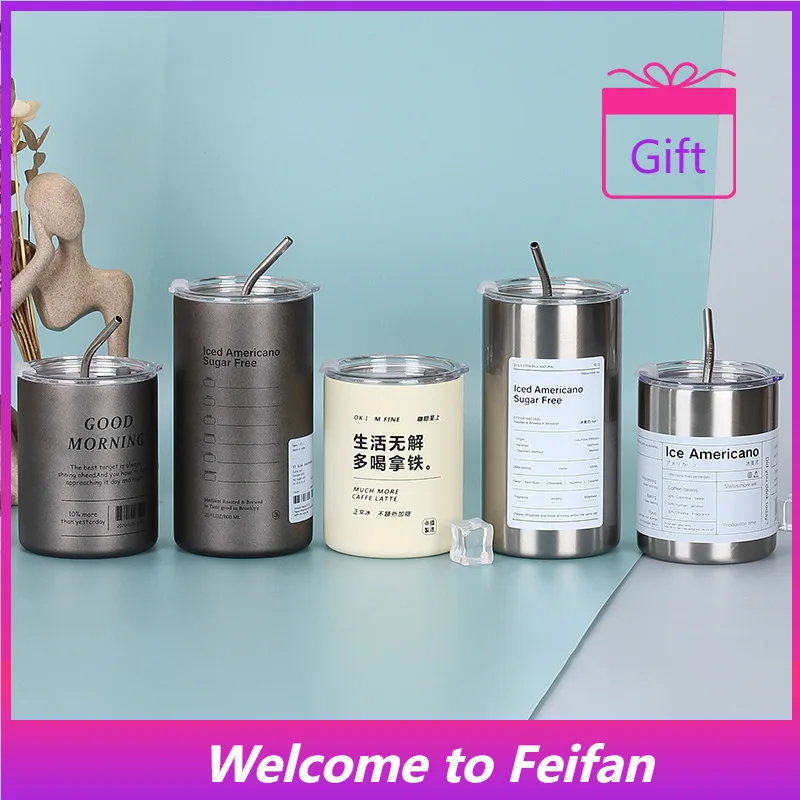 

Feifan 304 Stainless Steel Ice American Coffee Vacuum Double Layer Portable Thermos Cup with Straw