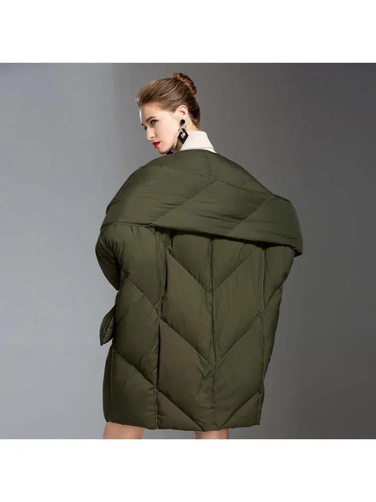 Korean Fashion 2022 Winter Long Thicked 90 White Duck Down Coats Women Loose Popular Scarf Black Warmer Cloth Jackets