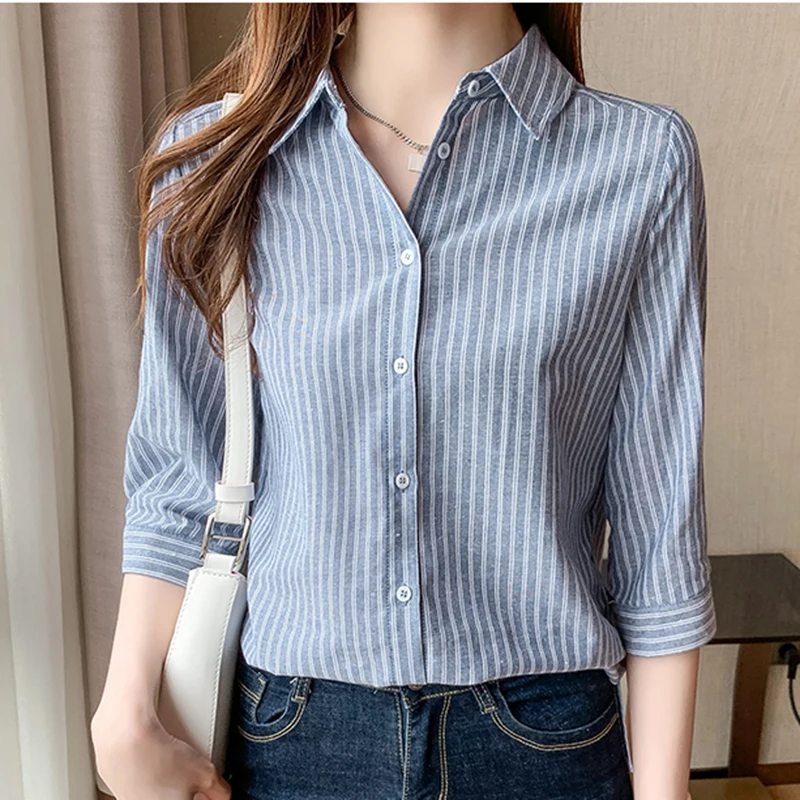 

Женская блузка в полоску, Повседневная Свободная блузка с рукавом три четверти и отложным воротником, весна-лето 2022