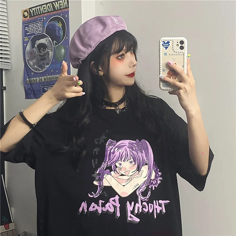 

Harajuku Japanese Fashion Loose Women T Shirt Comic Girl E Gril Print Kawaii Oversized Tshirt Gothic Clothes College T-shirt Top
