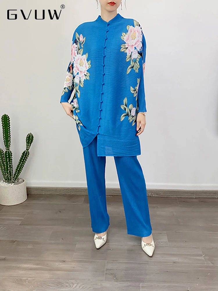 

GVUW Women Pleated Print Single Breasted Top Straight Pant Two Piece Set Female Button Loose Casual Clothing 2023 Summer 17J0242