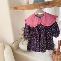 2022 new girls dress with collar vintage floral printed long sleeve princess one piece dresses baby kids clothes children outfit