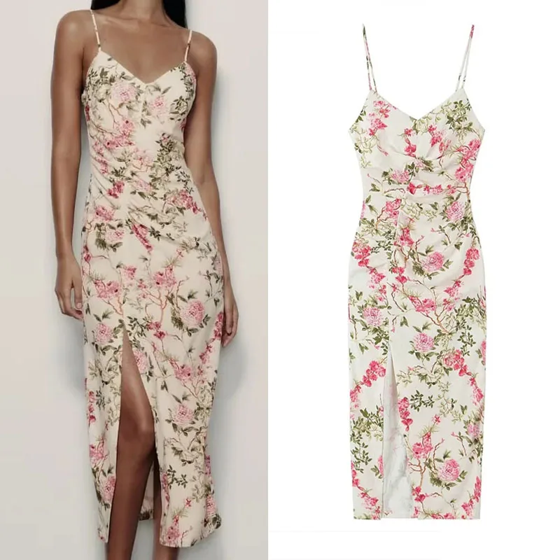 

TRAF Woman Floral Print Slip Midi Dress 2023 Summer Pink Sexy V-Neckline Thin Straps Front Gathered Hem Slit Design Party Dress