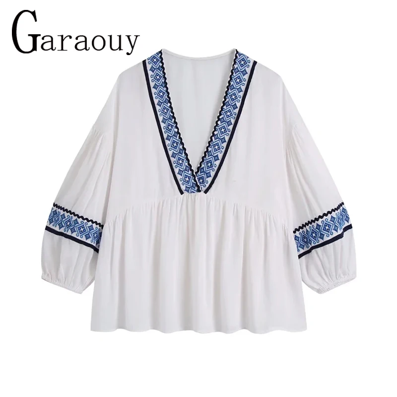 

Garaouy 2022 Summer New Women's Fashion Retro V-Neck Long-Sleeve Contrast Color Chic Embroidery Loose Stitching Shirt Mujer Top