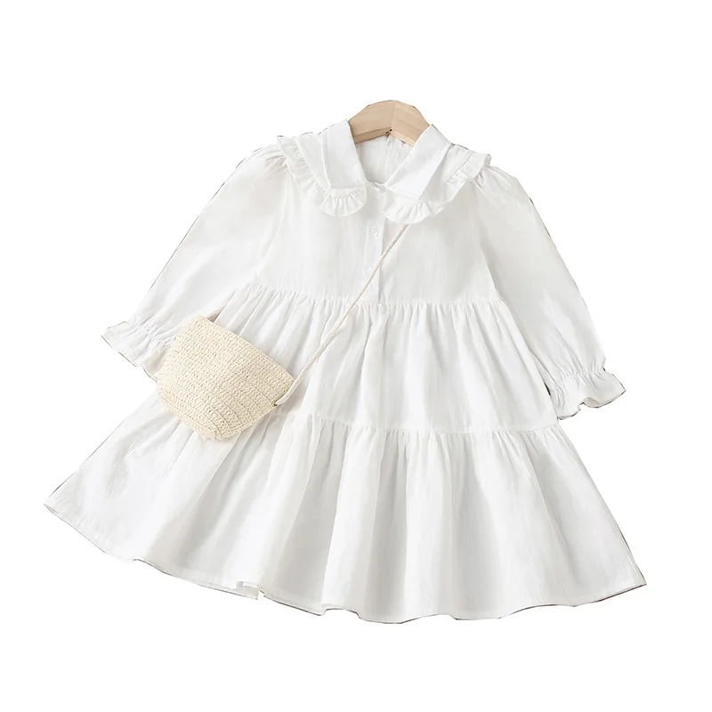 

Spring Summer White Baby Girls Chlidren Kids Clothing Cotton Dress Princess Dress For Girl Long Sleeve 4-7 Years old Girls