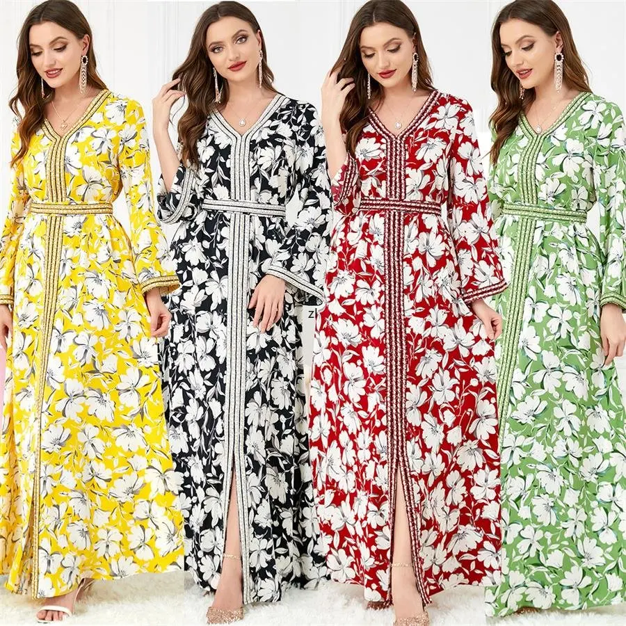 Muslim's Dresses Elegant A-Line V-Neck Long Sleeve Print Belted Kaftan Abaya Moroccan Caftan Royal Women Ramadan