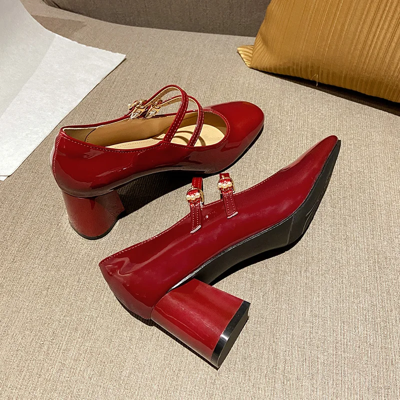Mary Jane Shoes High heels women's small size leather shallow mouth Shoes red 2022 new thick heel round head one word belt