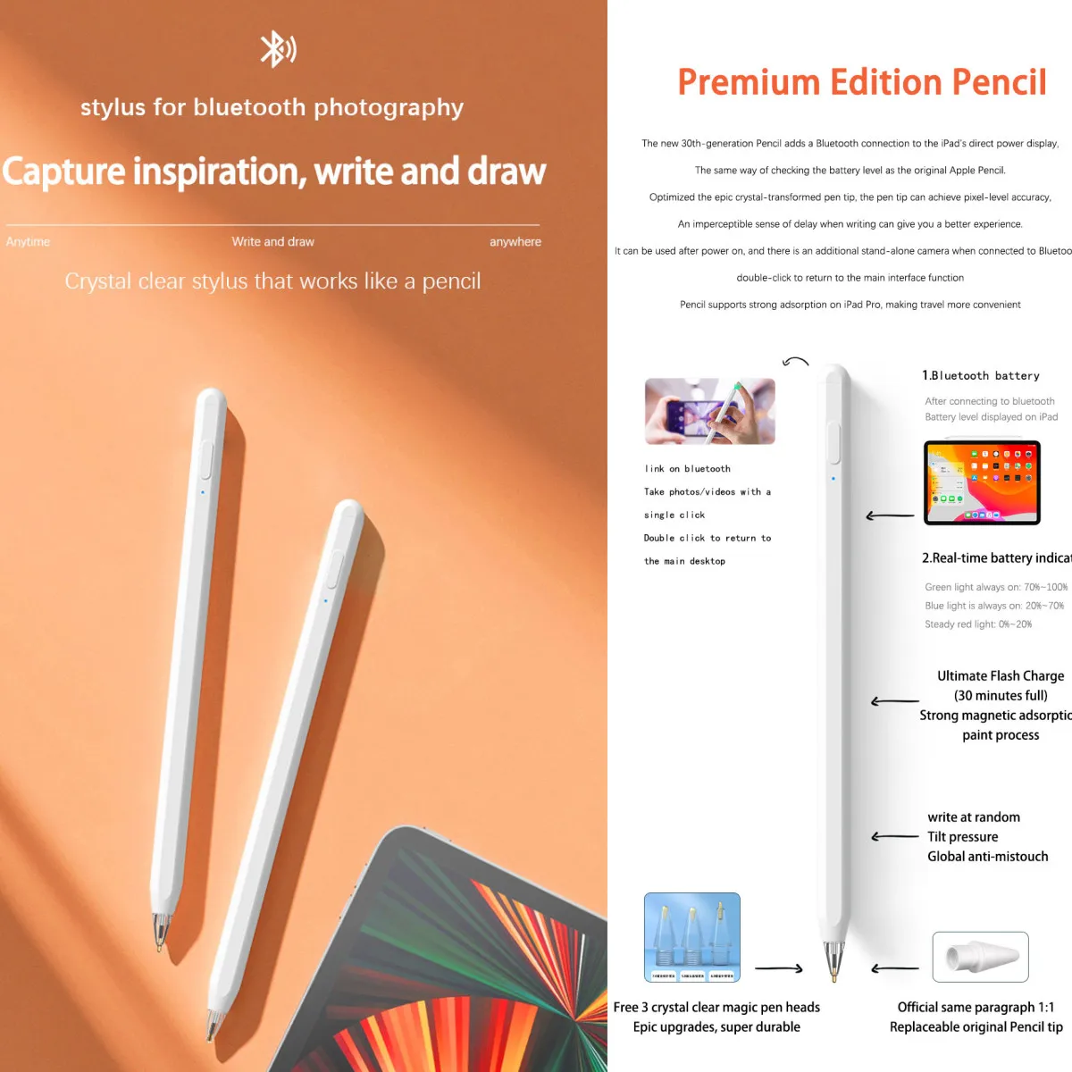 Карандаш JD30 для Apple Pencil 2 1 Bluetooth стилус iPad 2022 2021 2020 2019 с аккумулятором и цифровым