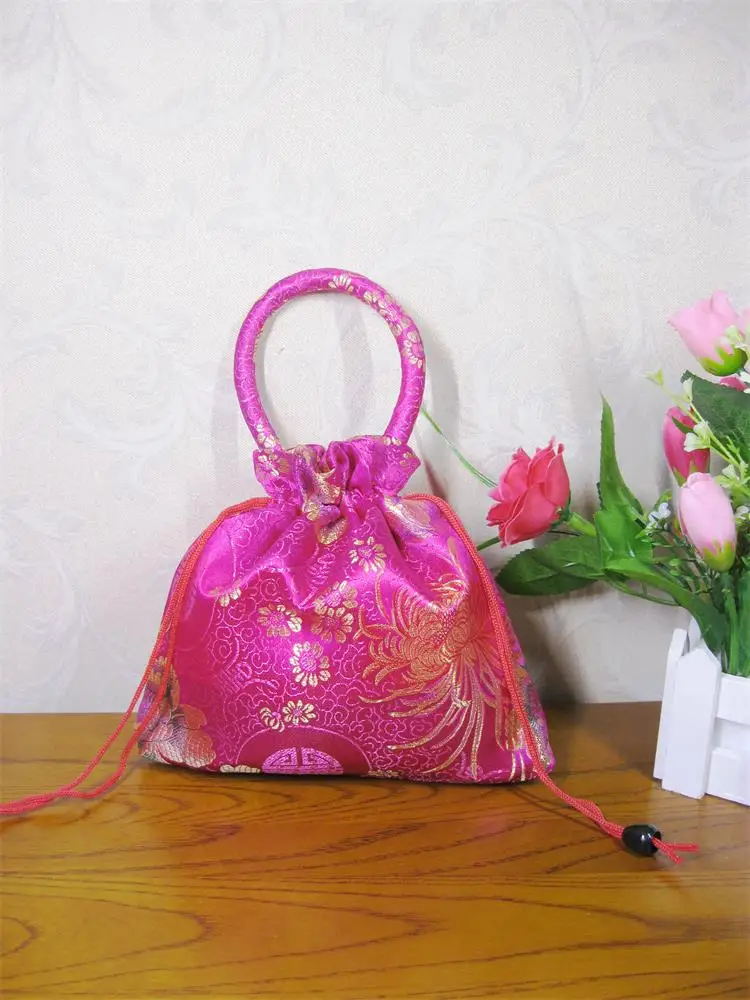 10pcs Large Drawstring Jewelry Bags with Handle Chinese Silk Brocade Gift Pouch Cosmetic Storage Bag Women Tote Coin Purses