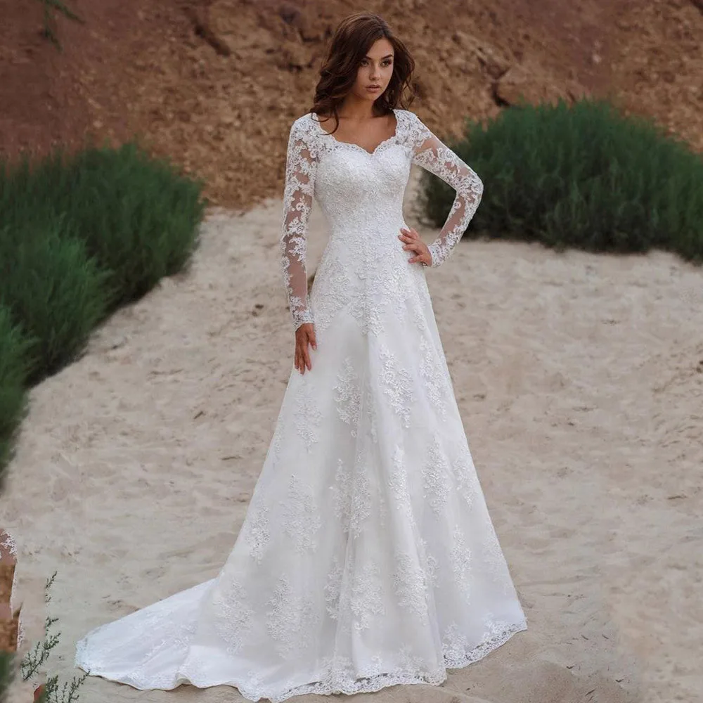 

Boho Bride Gowns V-Neck Lace Applique Sweep Train Long Illusion Sleeve Wedding Dresses A-Line Lace Up Backless Vestido De Noiva