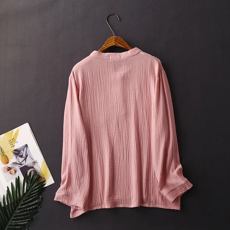 Korean Purple/Pink Women's Sleepwear Crepe Gauze Long-Sleeved Pajamas Home Service Suit Pure Cotton Nightwear Pijamas Set