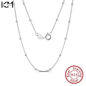 KISS MANDY 100% S925 Sterling Silver Beads Side Chain Necklace 16/18/20inch Spring Clasp DIY Necklace For Women Men Gifts