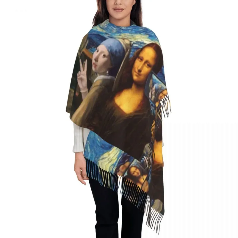 

Starry Night By Mona Lisa And Vincent Van Gogh Scarf Wrap for Women Long Winter Warm Tassel Shawl Unisex Art Painting Scarves