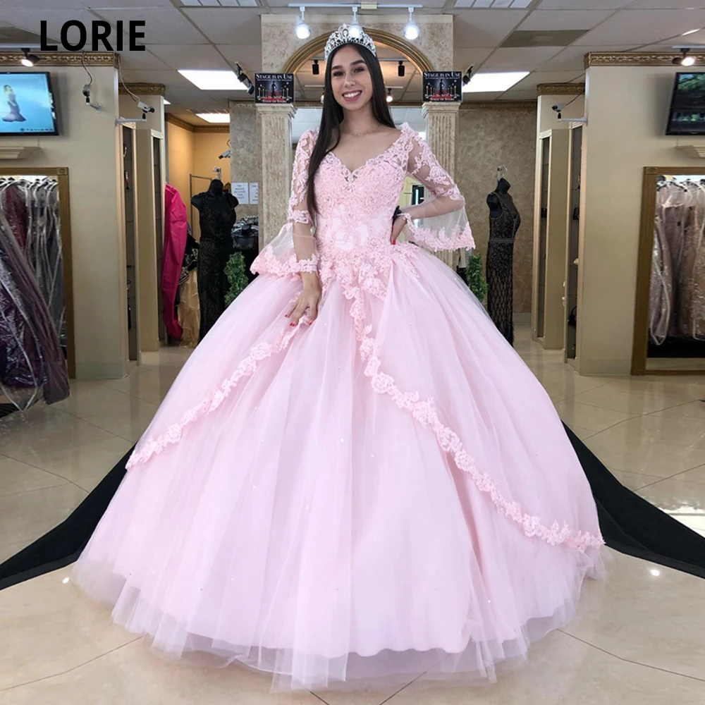 

LORIE Pink Tulle Ball Gown Quinceanera Dresses Appliques Long Sleeves Lace Vestidos De 15 Quinceañera Princess Birthday Gowns