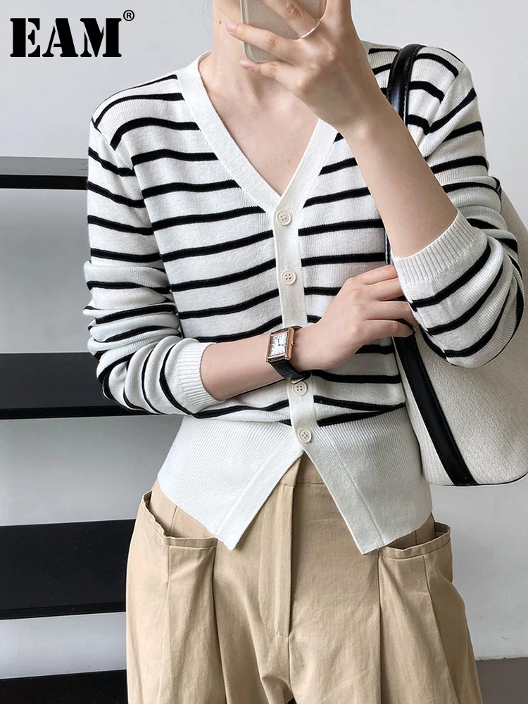 

[EAM] Striped Slimt Knitting Cardigan Sweater Loose Fit V-Neck Long Sleeve Women New Fashion Tide Autumn Winter 2022 1DF0310