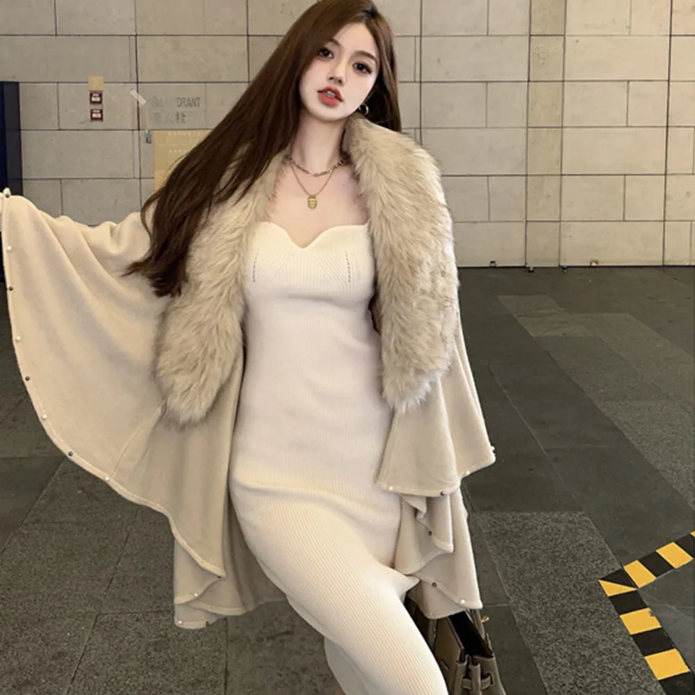 

Winter Korean Poncho Jackts Women Beading Knit Cloak Loose Sweater Elegant Coats Female Faux Fox Fur Collar Cape Shawl Cardigan
