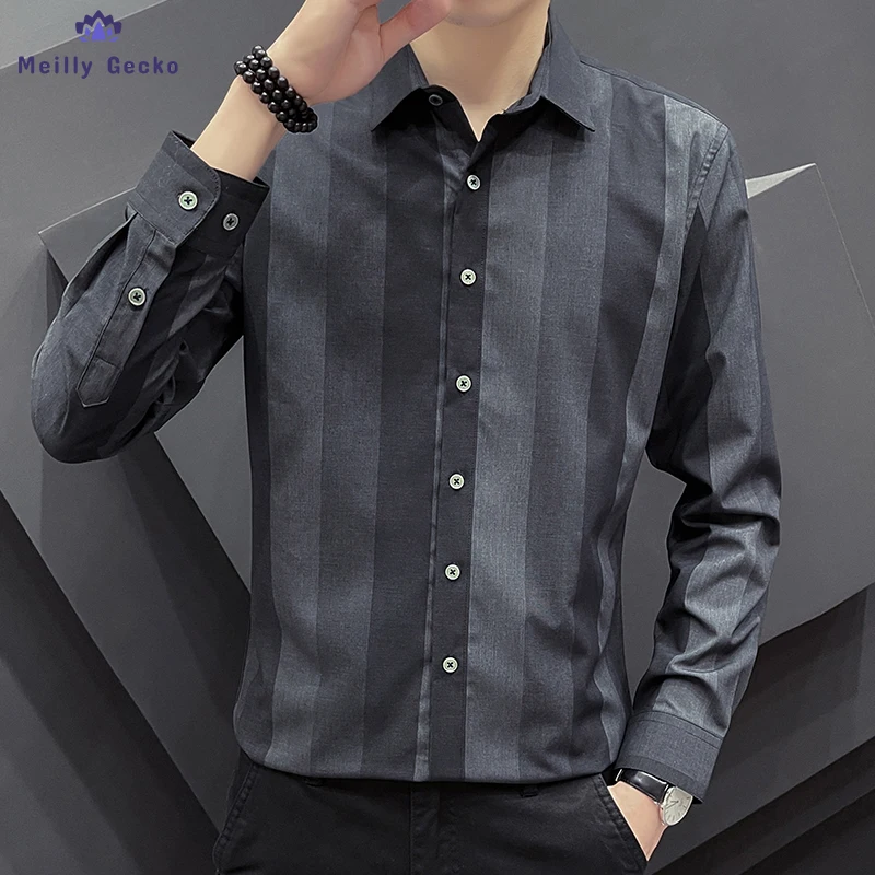 Meilly Gecko 2022 Long Sleeves Spring And Autumn Stripe Men Summer Thin Business Leisure Blouse Autumn Clothes Jacket Shirt