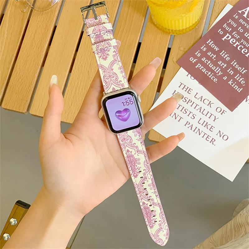

Роскошный кожаный ремешок в стиле ретро для iwatch Series 7 6 SE 5 4 3, ремешок с трендовым рисунком для Apple Watch Band 41 мм 45 мм 38 мм 42 мм 40 мм 44 мм