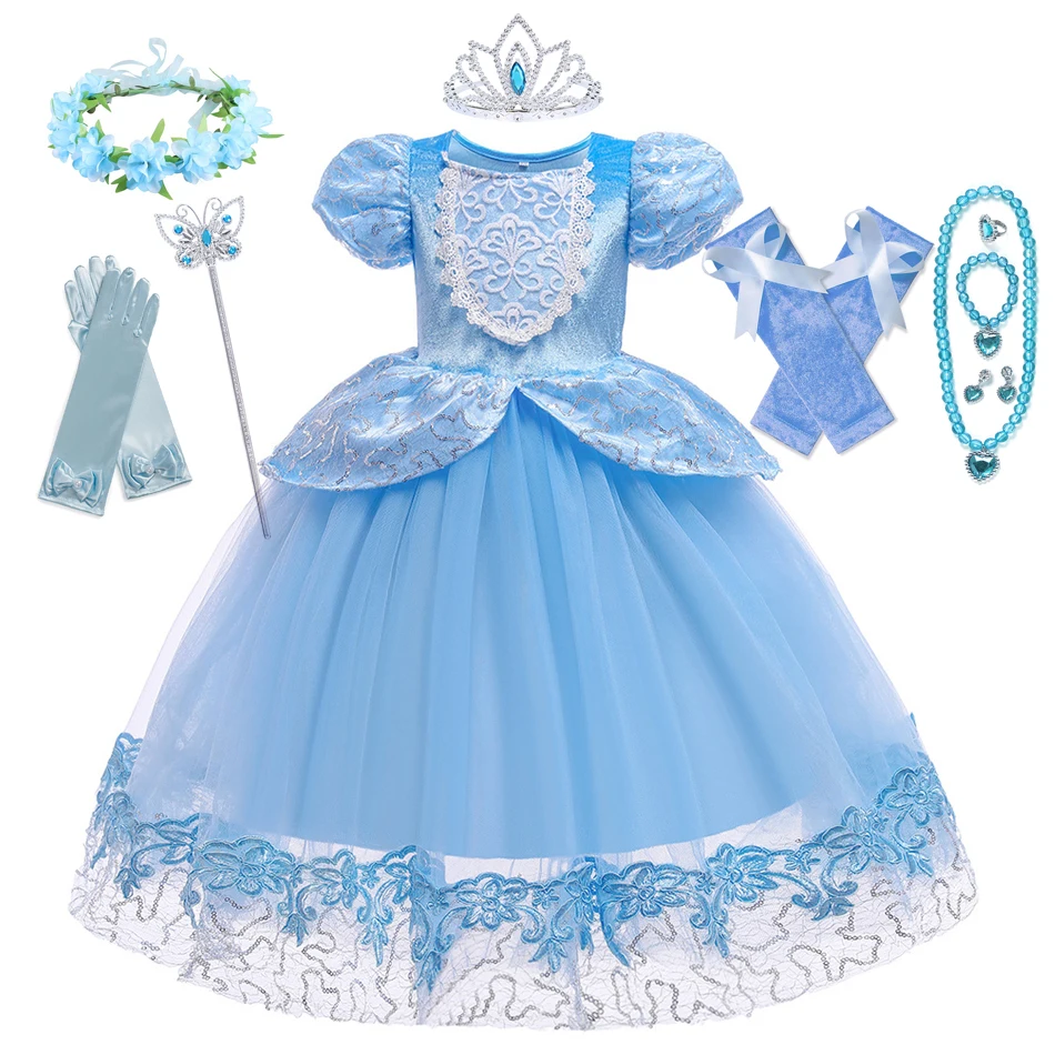 Princess Cinderella Cosplay Dress Up Clothes for Girls Christmas Halloween Party Costume Kids Birthday Wedding Ball Gown Gift