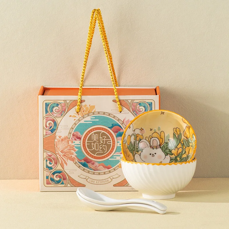 2/4/6pcs Rabbit Flower Bowl Spoon Set For Lunar New Year Moving House Wedding Gift