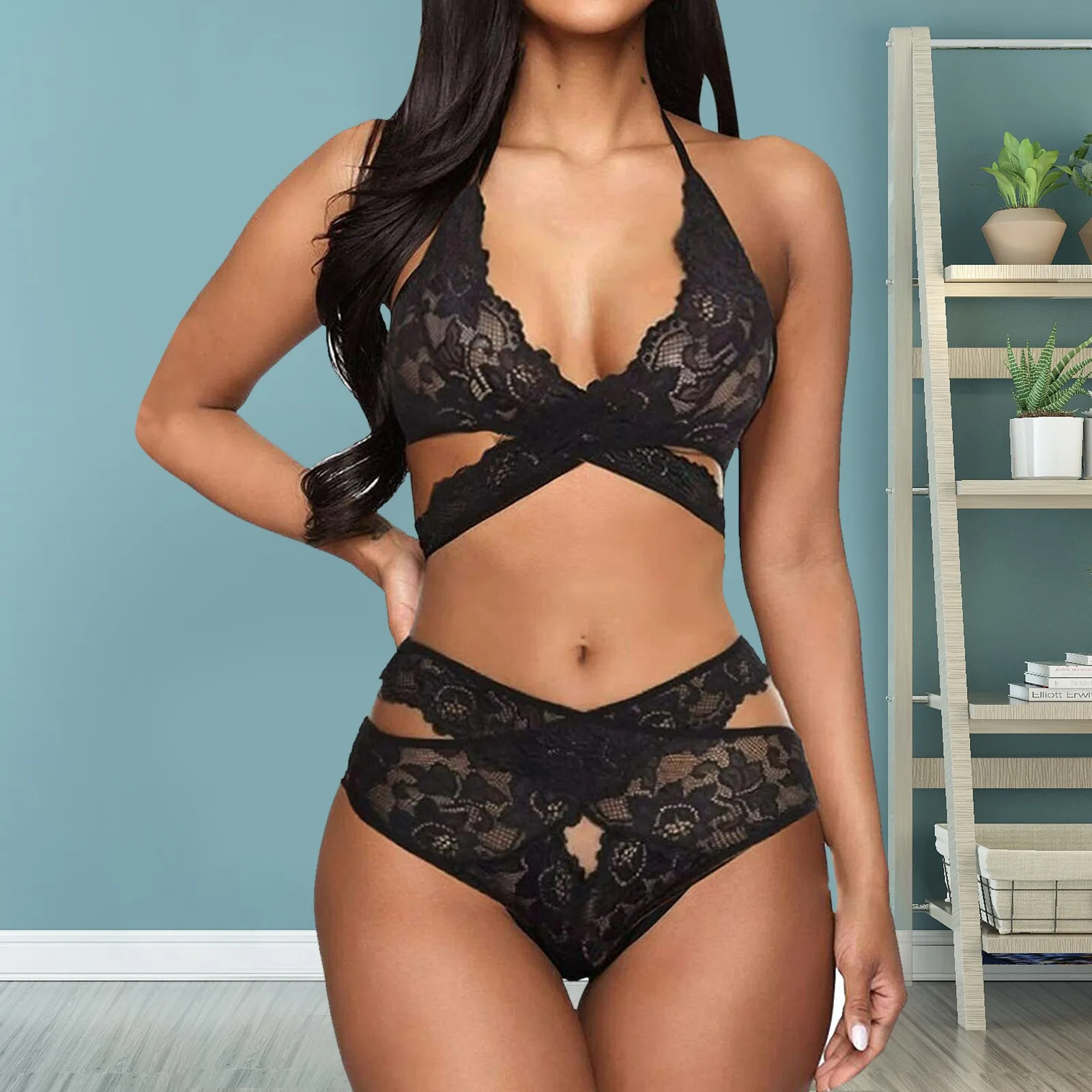 

Женское сексуальное нижнее белье, кружевное Сетчатое Прозрачное нижнее белье, комплект с бюстгальтером с лямкой через шею и трусиками, порно, интимное нижнее белье, Эротическое ночное белье