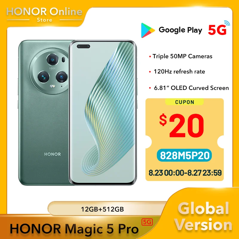 Телефон Глобальная версия HONOR Magic 5 Pro, телефон с четырёхъядерным процессором Snapdragon 8 Gen 2, аккумулятор 5100 мАч, экран 6,81 дюйма, 120 Гц