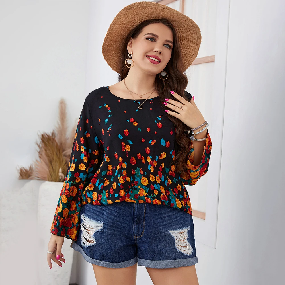 New Style XL~4XL Plus Size Casual O-Neck Print T-Shirt Women Loose Long Sleeve Tops Ladies Vintage Tunic Clothing