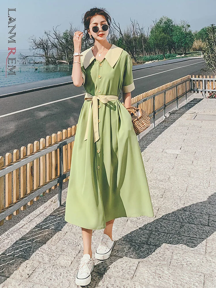 

LANMREM женское платье контрастных цветов однобортное платье с поясом трапециевидной формы с отворотом и коротким рукавом 2022 Летняя женская н...