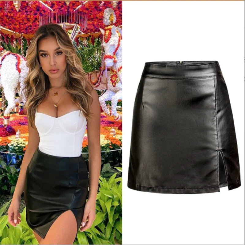 

Autumn and Winter Women's Velvet Black PU Bag Hip Skirt European and American Slit Ladies High Waist Skirt Leather Skirt
