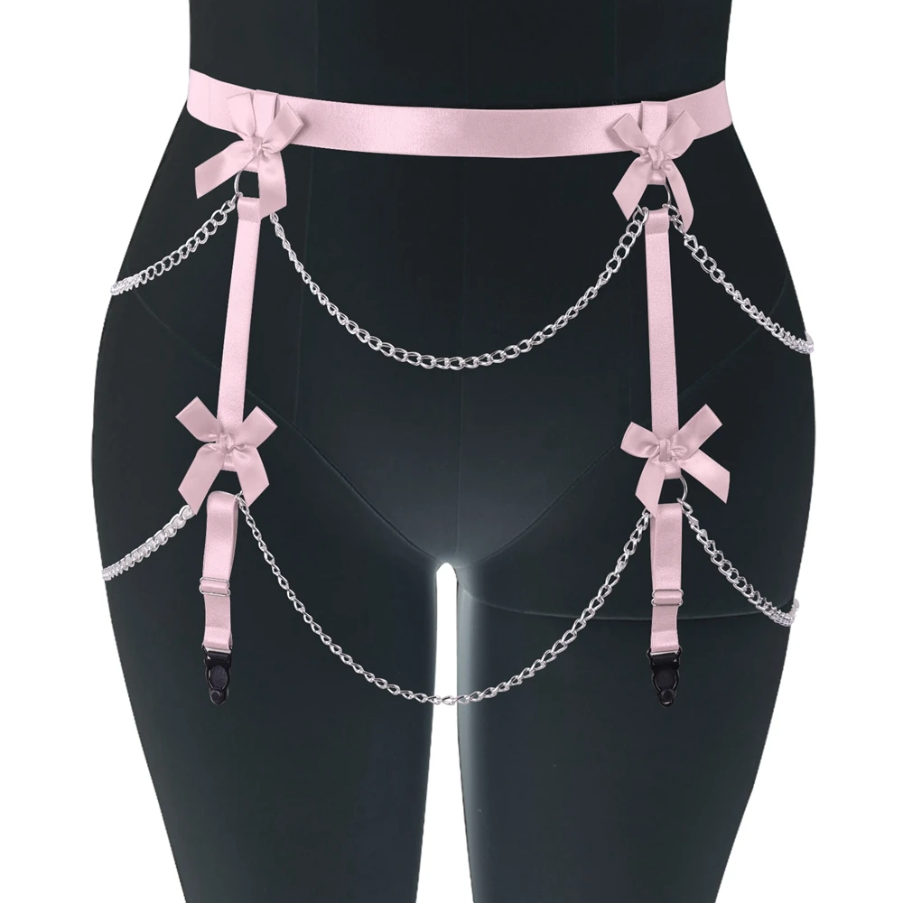 

Pink Bow Tassel Chian Accessories Body Harness For Busty Women Garters Bondage Plus Size Lingerie Thigh Punk Sexy Adjust Waist