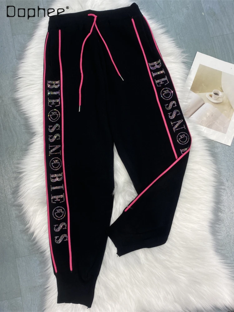 

Heavy Industry Letter Hot Drilling Knitted Trousers Female 2023 Fall Women's Clothing New Elastic Waist Black Sweatpants Female