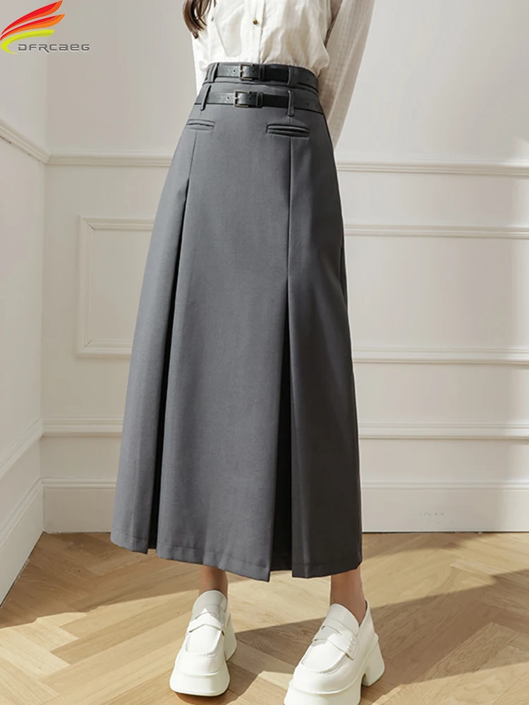 

DFRCAEG 2022 осенне-зимняя Длинная женская юбка с двойным поясом корейская мода с высокой талией черного или серого цвета юбки макси с разрезом
