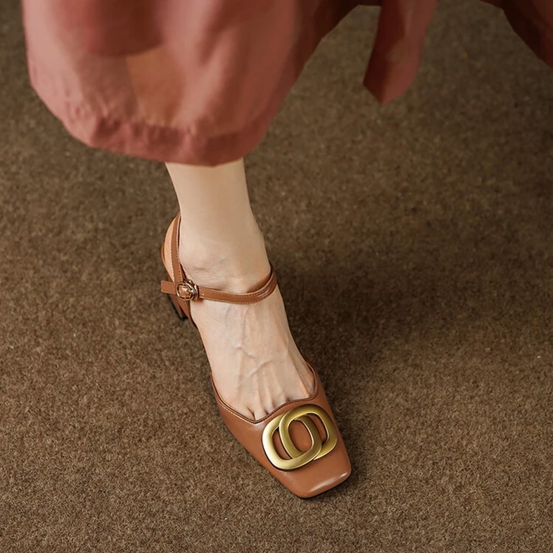 

2022 Summer/Autumn Women Shoes Square Toe High Heels Thin Heel Shoes Women Cow Leather Women Sandals Concise Retro Mary Janes
