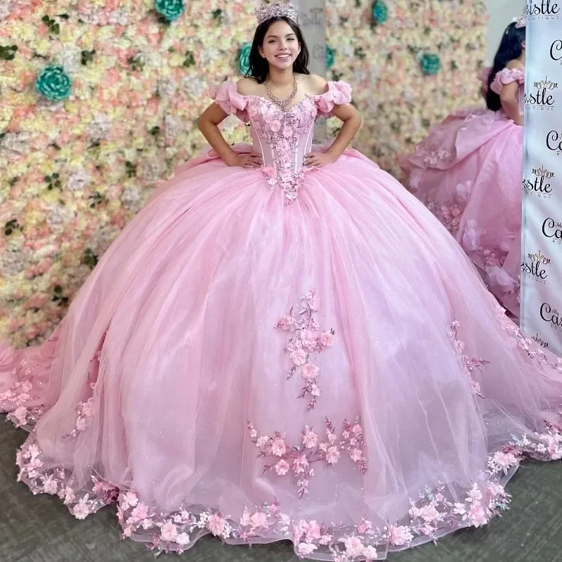 ANGELSBRIDEP Мексиканское розовое платье Charro Quinceanera кружевные аппликации 3D цветочные