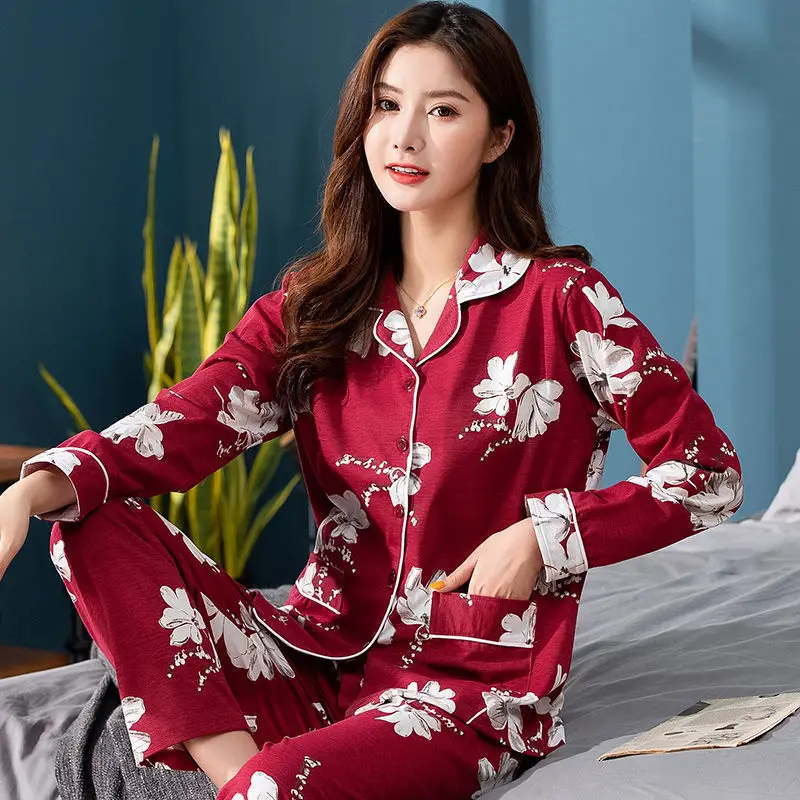 Spring and Autumn Women's Pajamas Set Women's Summer Long Sleeve Pants Plus Size Set Double Pocket Homewear Set