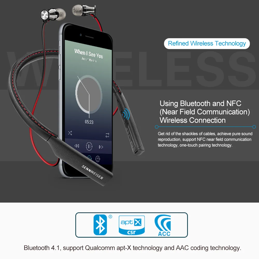 100% Оригинальные беспроводные Bluetooth наушники Sennheiser Momentum In-Ear для спорта с функцией шумоподавления и NFC-технологией.
